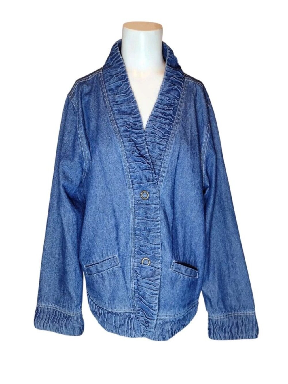 Vintage Keren Hart Denim Snap Blazer Jacket L Blue Ruched Trim Pockets